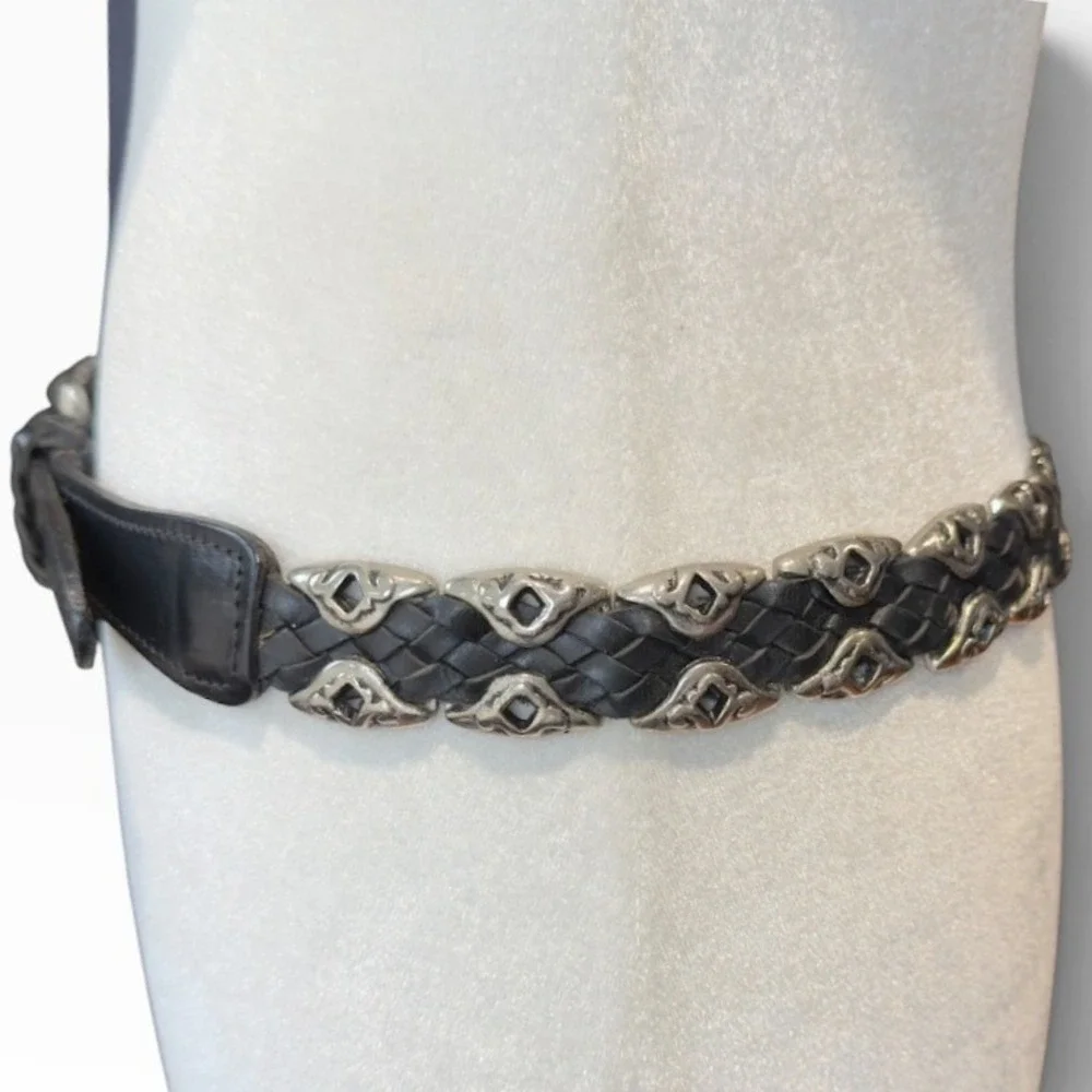 Capezio Belt Womens S M Black Braided Leather Silver Western Boho Statement Vtg